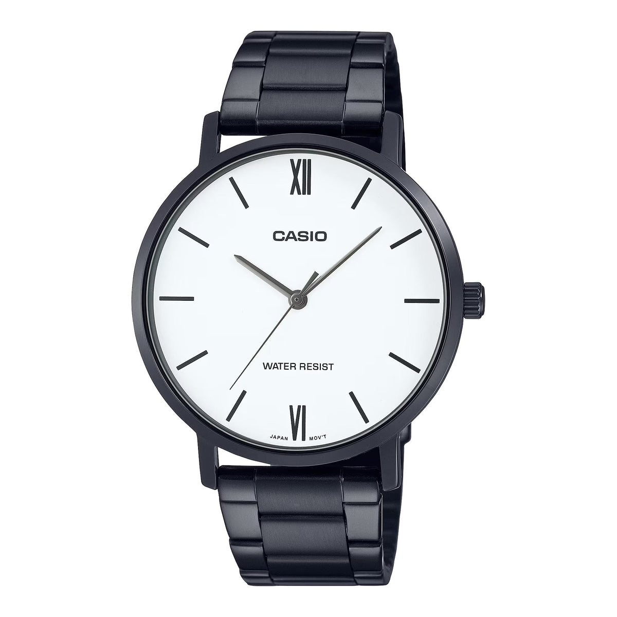 Casio Men’s Black Stainless Steel Watch with White Dial - MTP-VT01B-7BUDF