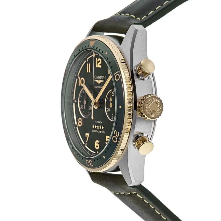 Longines Spirit Flyback Automatic Chronograph Green Dial 18K Yellow Gold Bezel Leather Strap Men's Watch L3.821.5.53.2
