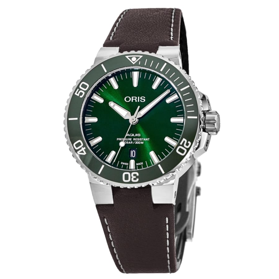 Oris Aquis Date Green Dial Brown Leather Strap Men's Watch 01 733 7732 4157-07 5 21 10FC