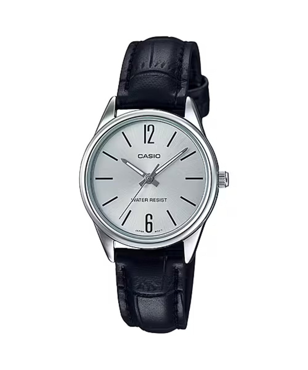 Casio Women’s Black Leather Strap Silver Dial Analog Watch - LTP-V005L-7BUDF