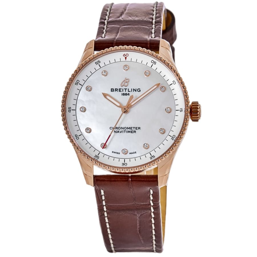 Breitling Navitimer 32 18kt Rose Gold Pearl Diamond Dial Leather Strap Women's Watch R77320E61A1P1