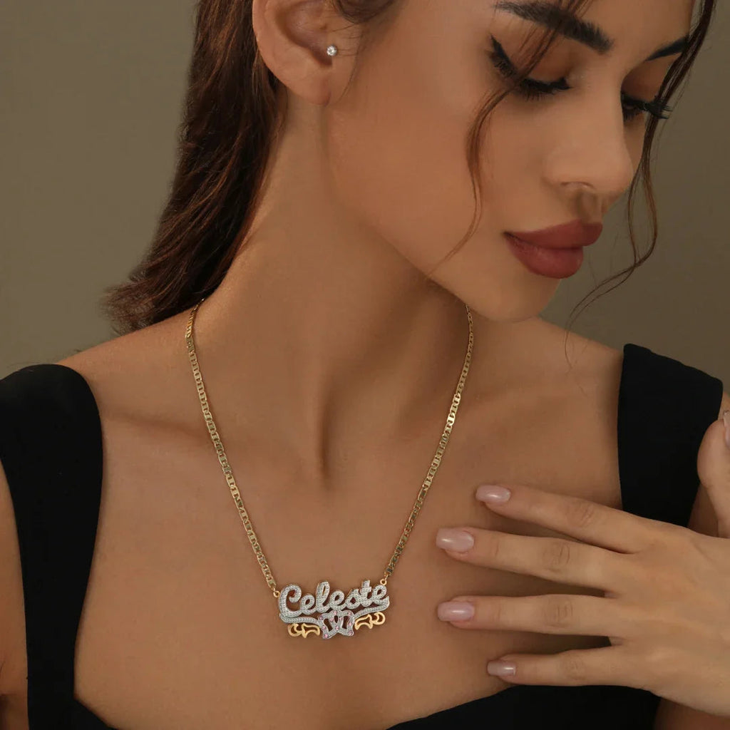 Double Plated Double Heart Name Necklace w/ Clip Chain