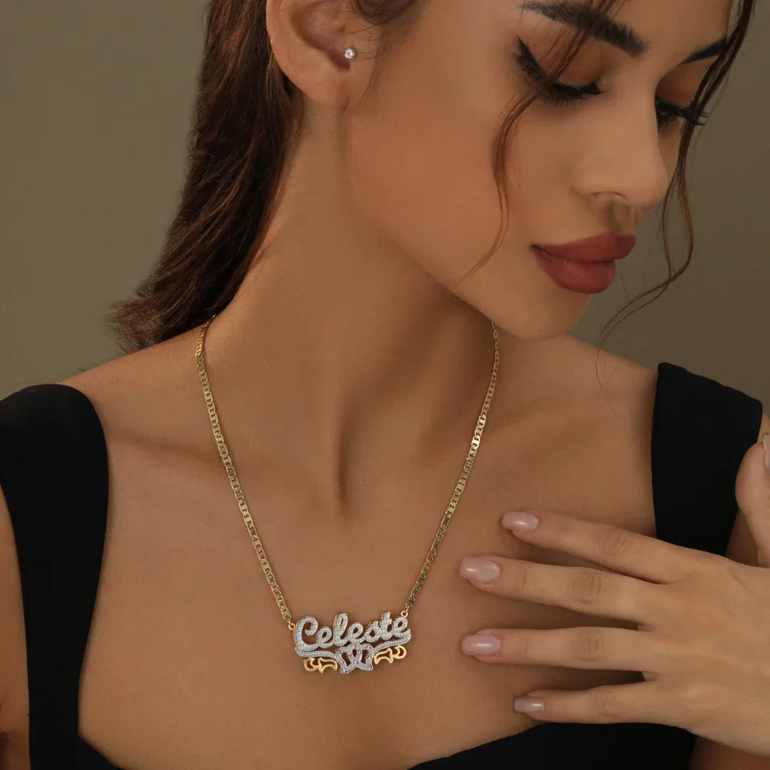 Double Plated Double Heart Name Necklace w/ Clip Chain
