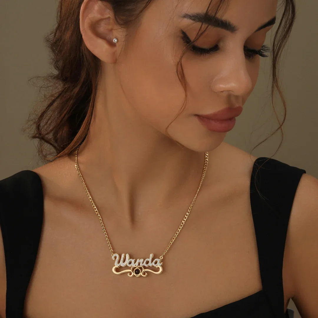 Double Plated Iced Heart Photo Name Necklace w/ Cuban Chain