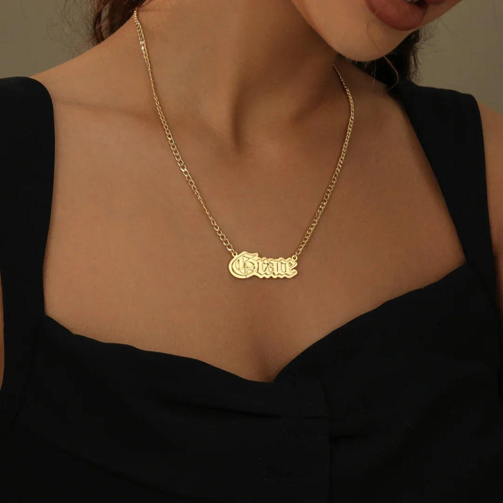Gothic Outline Name Necklace w/ Cuban Chain