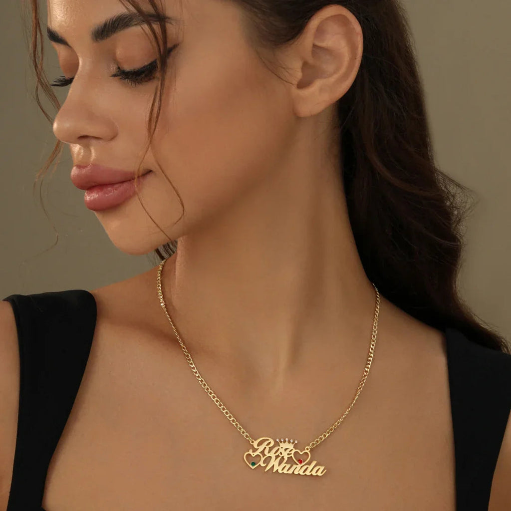Double Heart Name Necklace w/ Cuban Chain