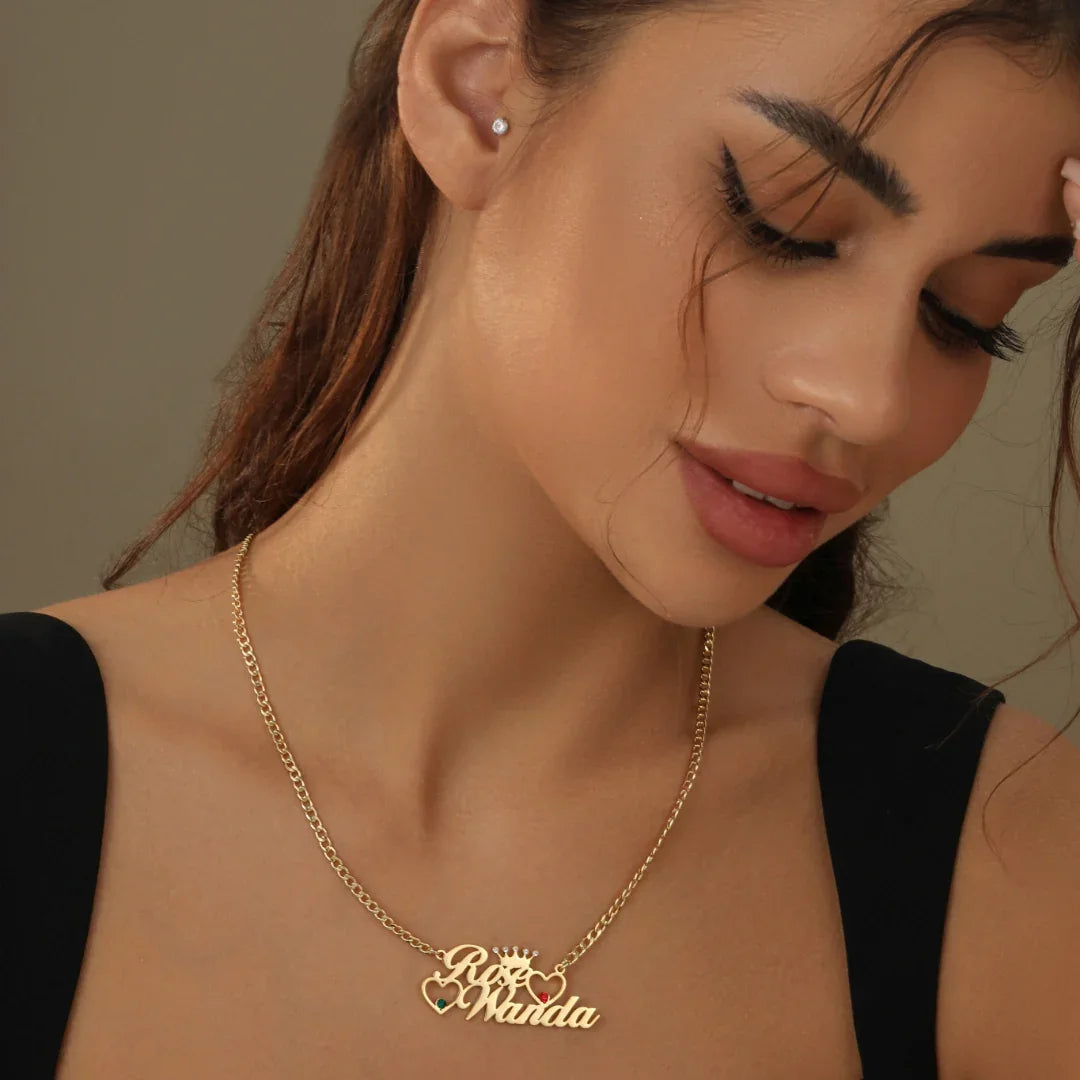 Double Heart Name Necklace w/ Cuban Chain
