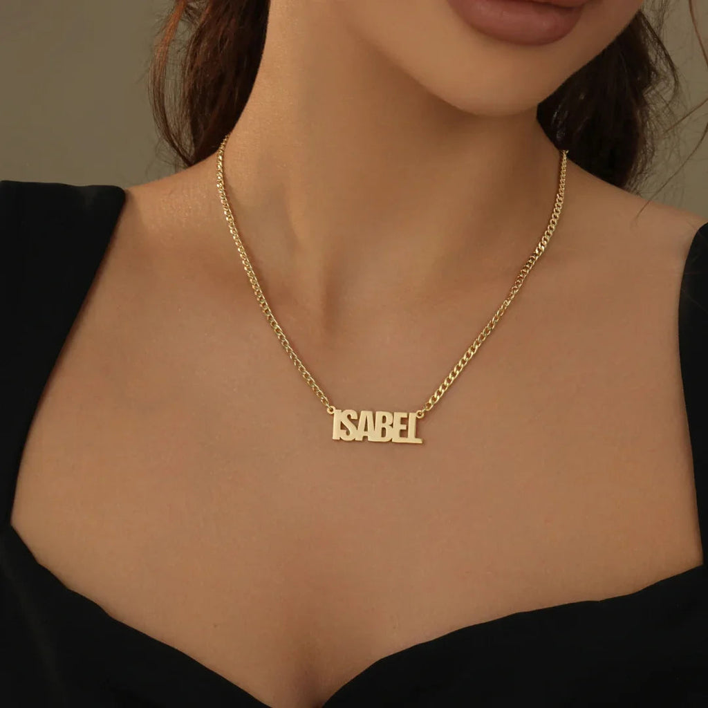 Kids Block Name Necklace w/ Cuban Chain