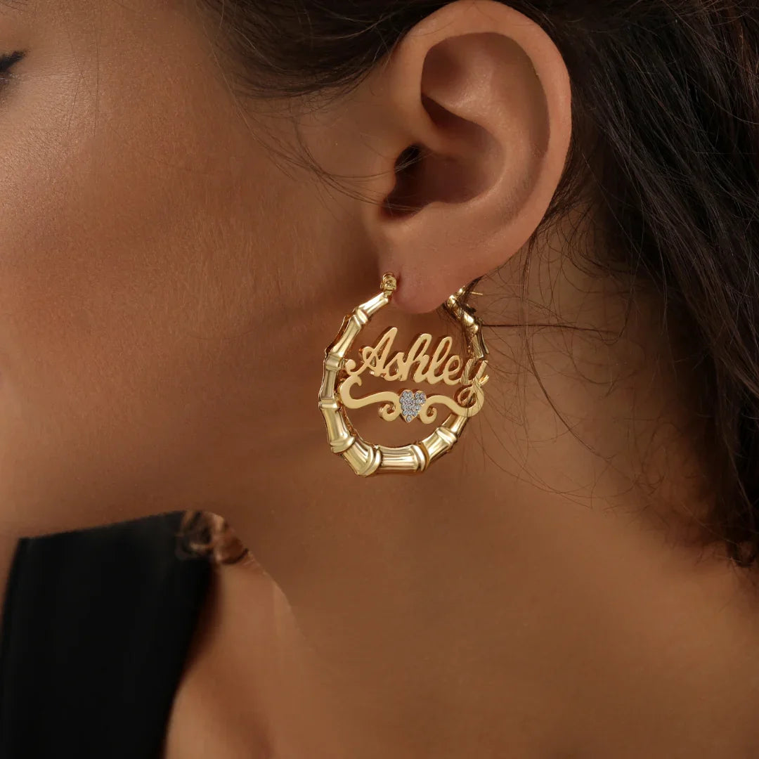 Heart Name Bamboo Hoop Earrings