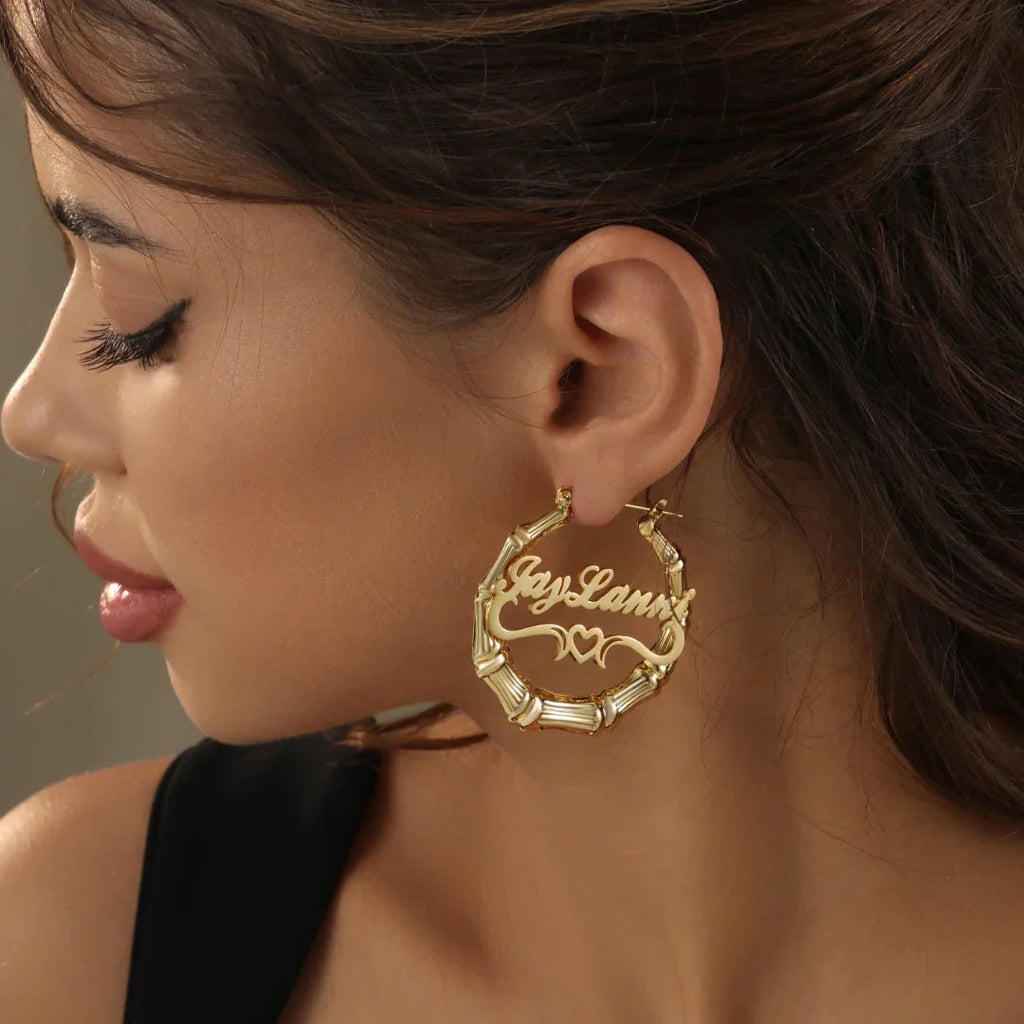 Heart Outline Bamboo Name Hoop Earrings