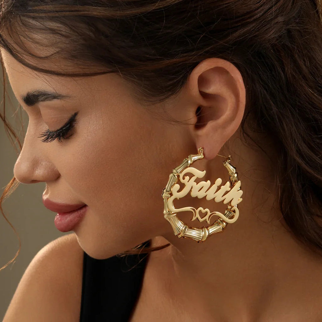 Heart Outline Bamboo Name Hoop Earrings