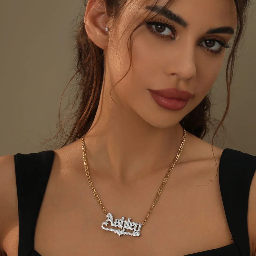 Double Plated Gothic Name Necklace w/ Figaro Chain