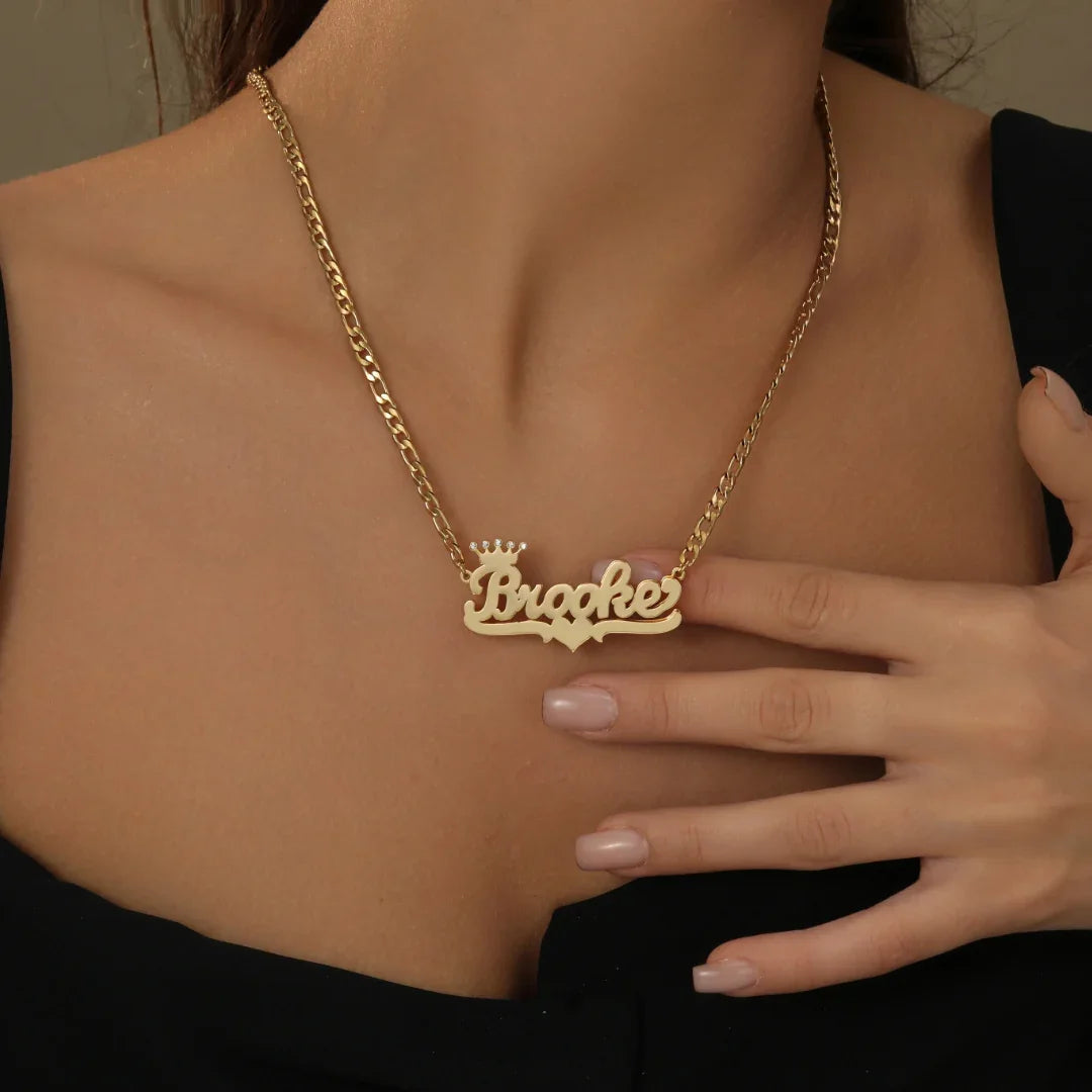 Double Plated Crown Heart Name Necklace w/ Figaro Chain