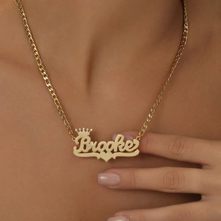 Kids Double Plated Crown Heart Name Necklace w/ Figaro Chain