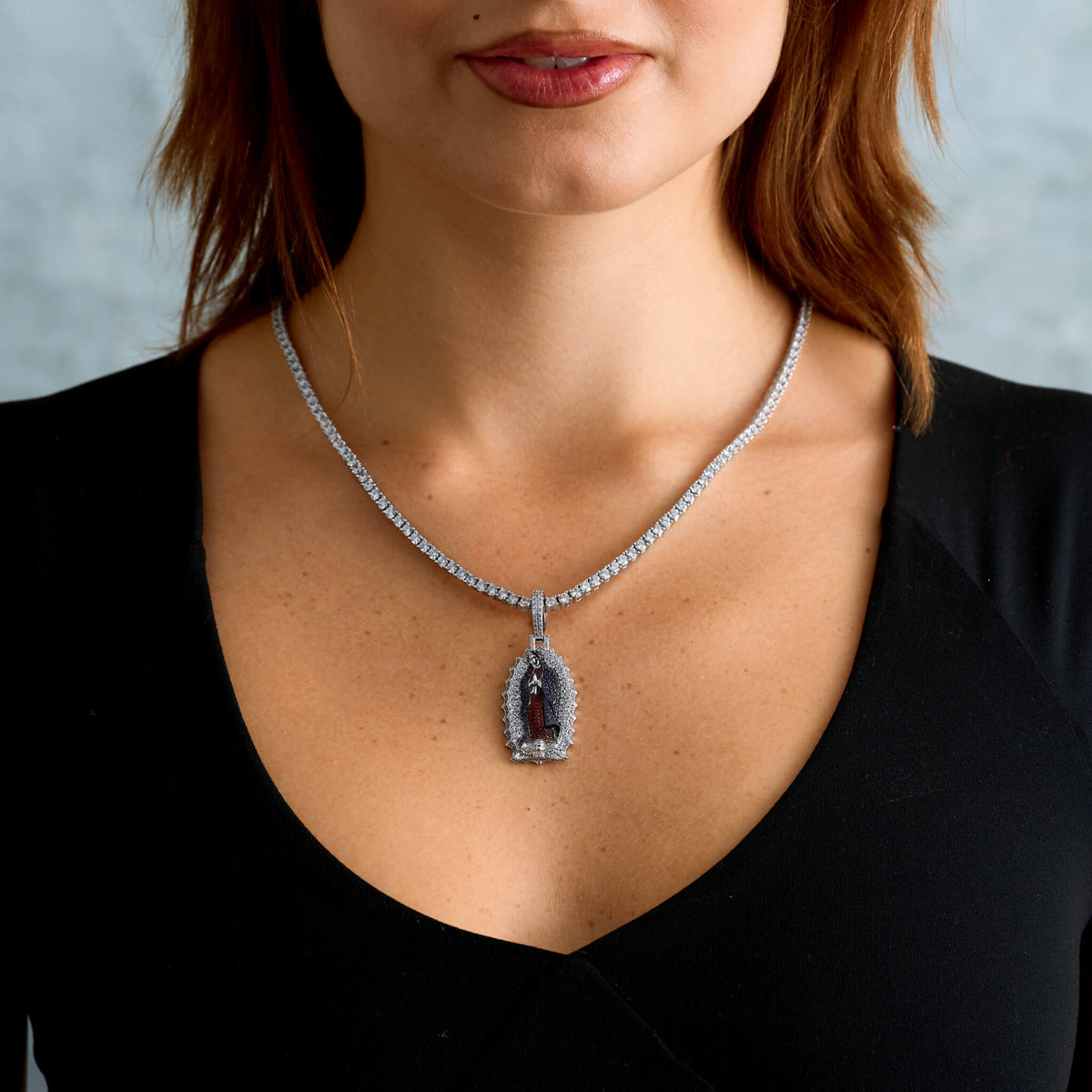 Iced Virgin Mary Pendant in White Gold