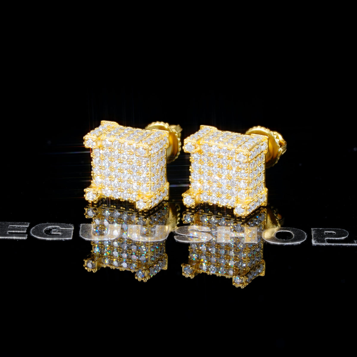925s VVS Moissanite Iced 3D Cube Earrings In 18K Gold