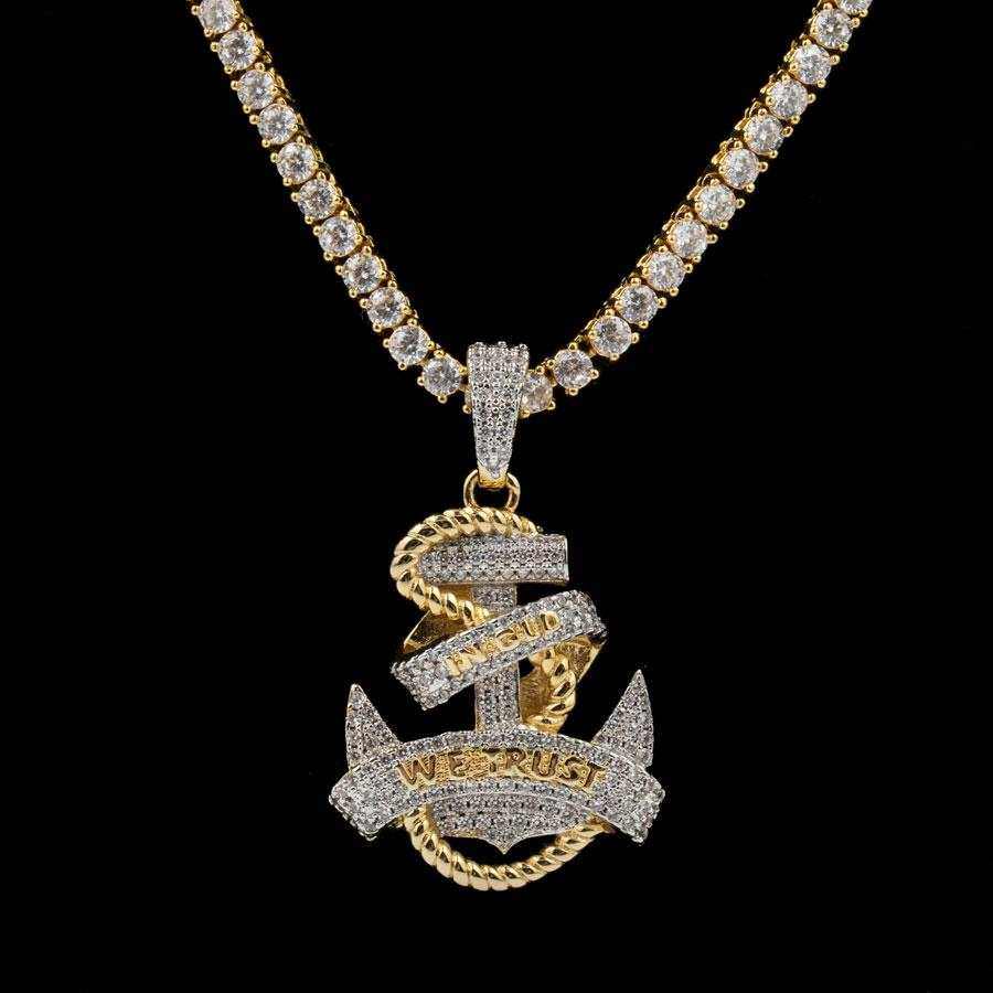 Iced Anchor Pendant in Yellow Gold