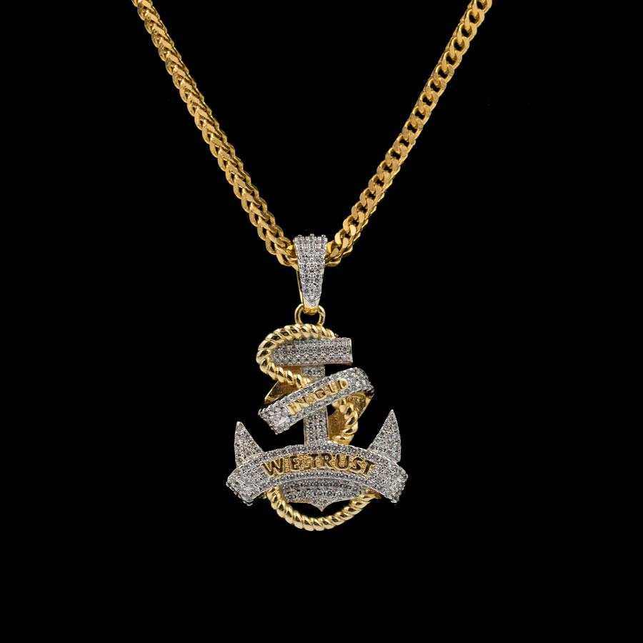 Iced Anchor Pendant in Yellow Gold