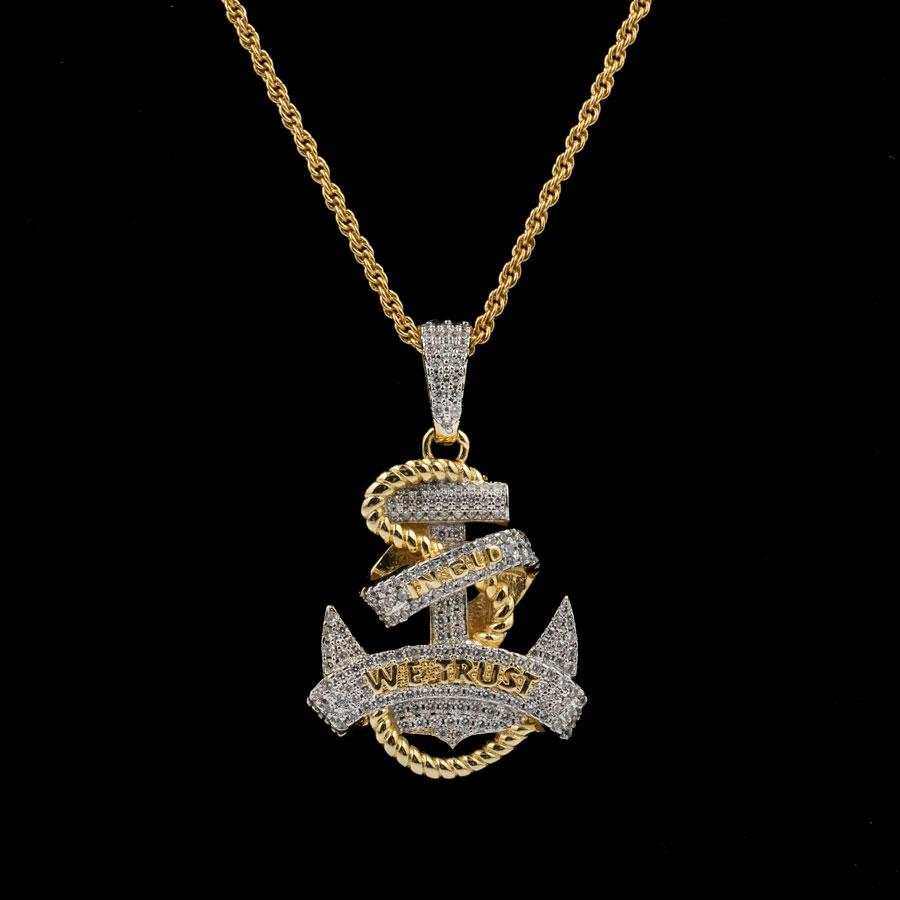 Iced Anchor Pendant in Yellow Gold