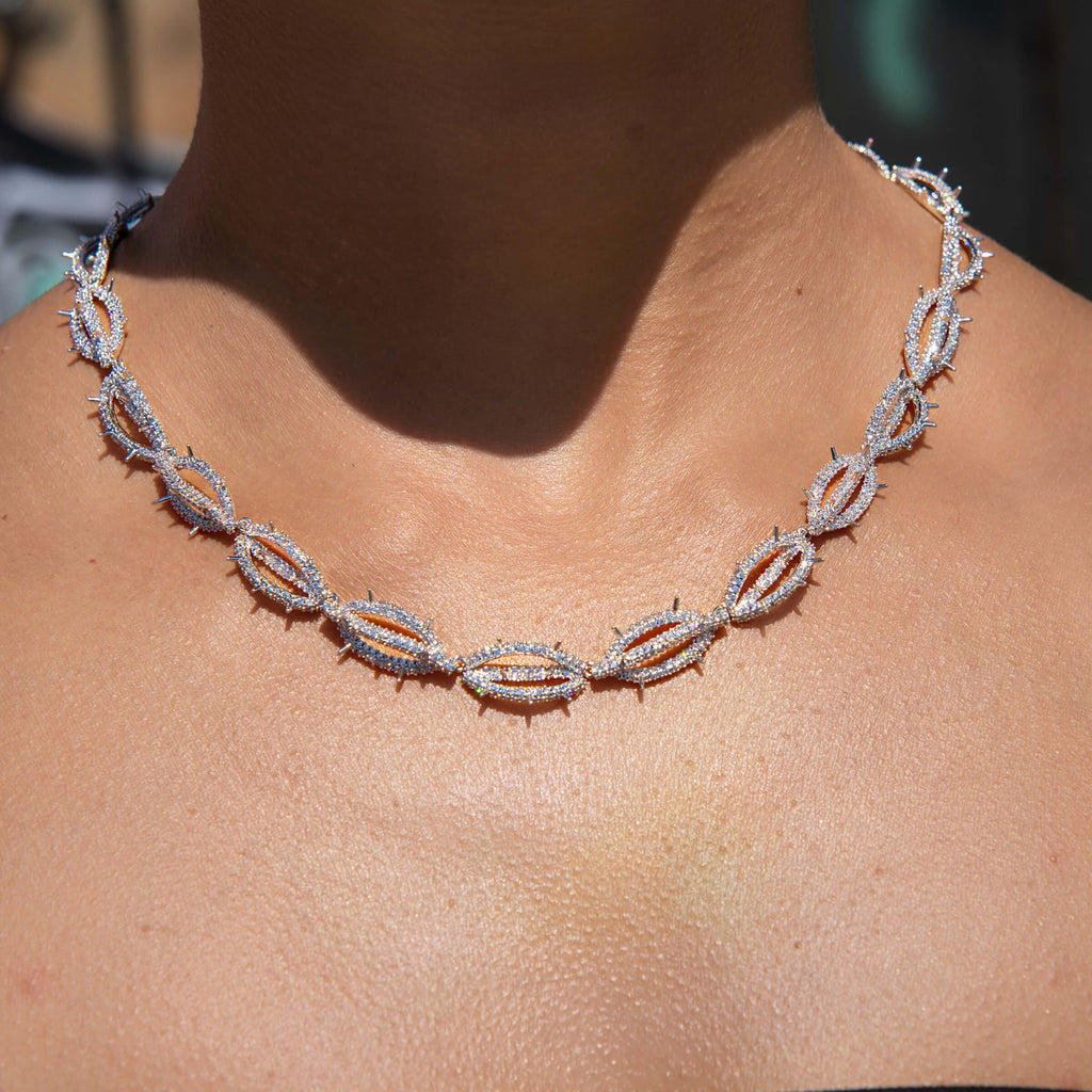 Iced Crown of Thorns Necklace in White Gold