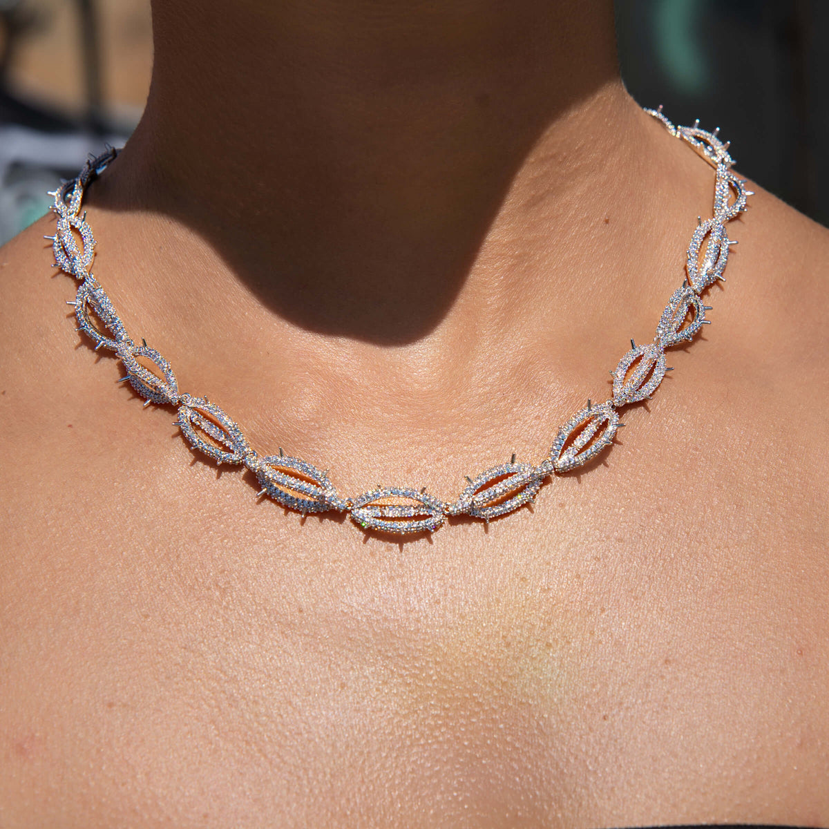 Iced Crown of Thorns Necklace in White Gold