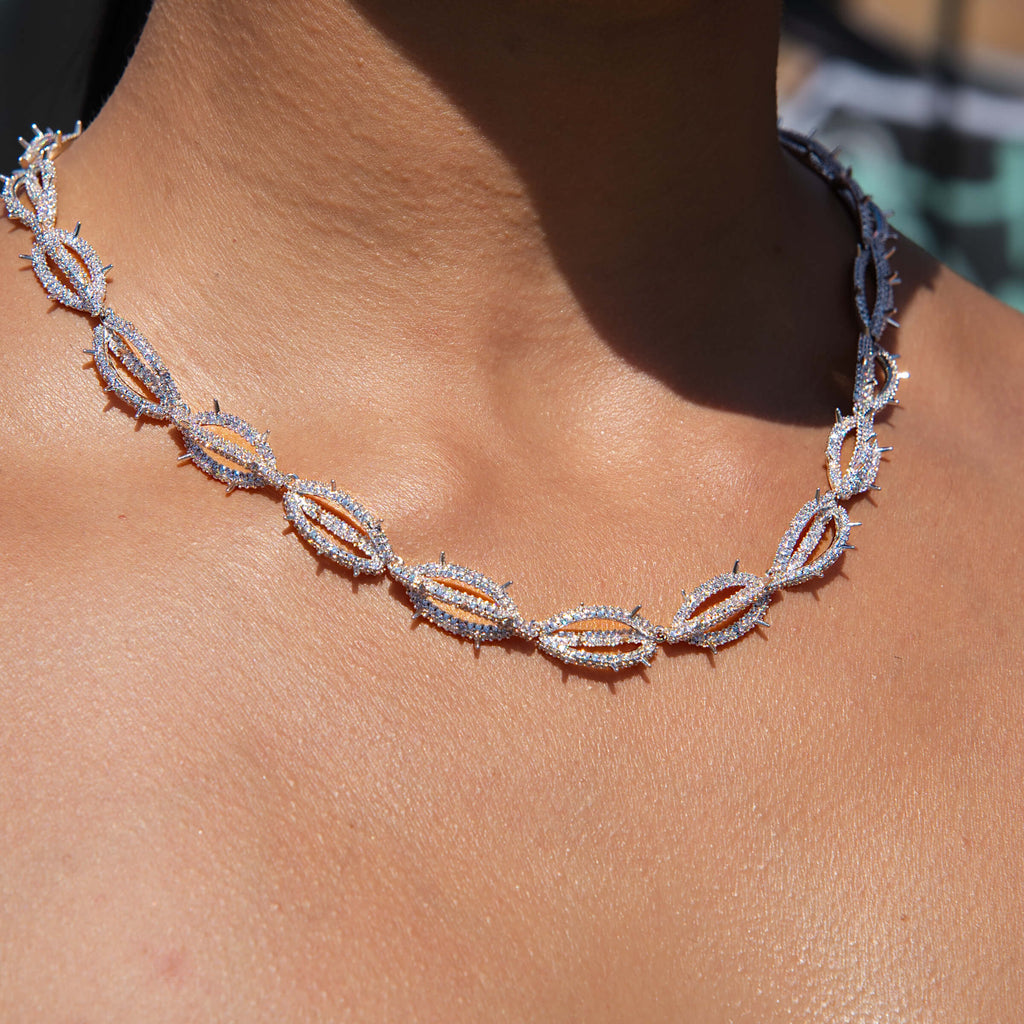 Iced Crown of Thorns Necklace in White Gold