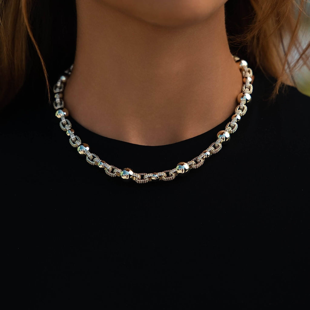 Iced Plain Multi Size Ball Chain Necklace in Yellow Gold