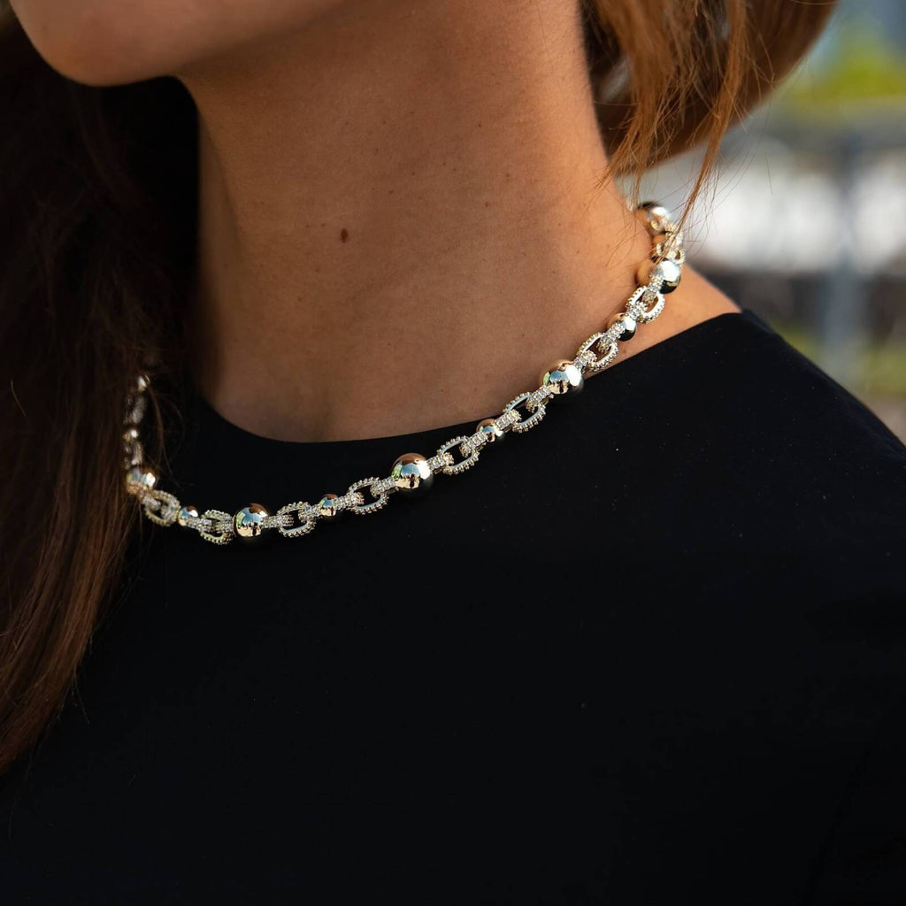 Iced Plain Multi Size Ball Chain Necklace in Yellow Gold