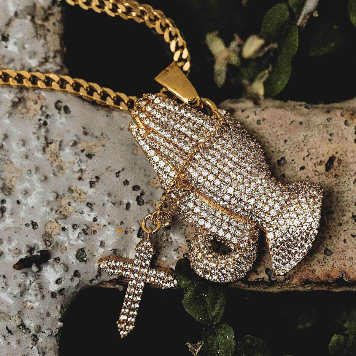 Iced Praying Hands with Cross Pendant in Yellow Gold