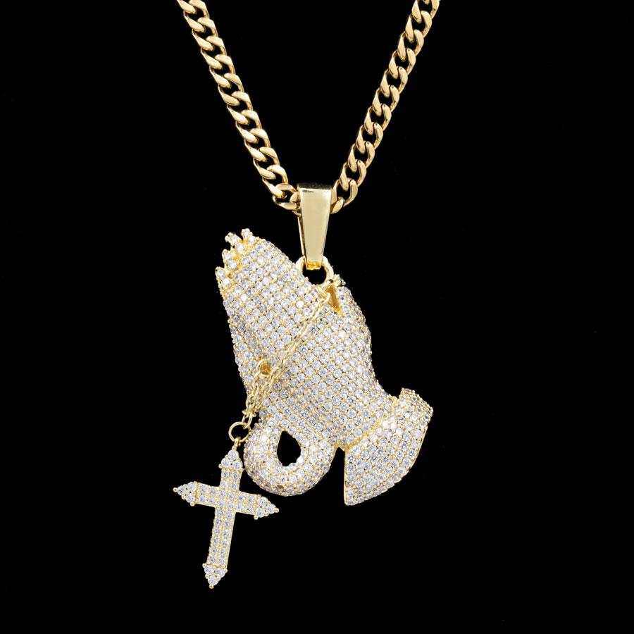 Iced Praying Hands with Cross Pendant in Yellow Gold
