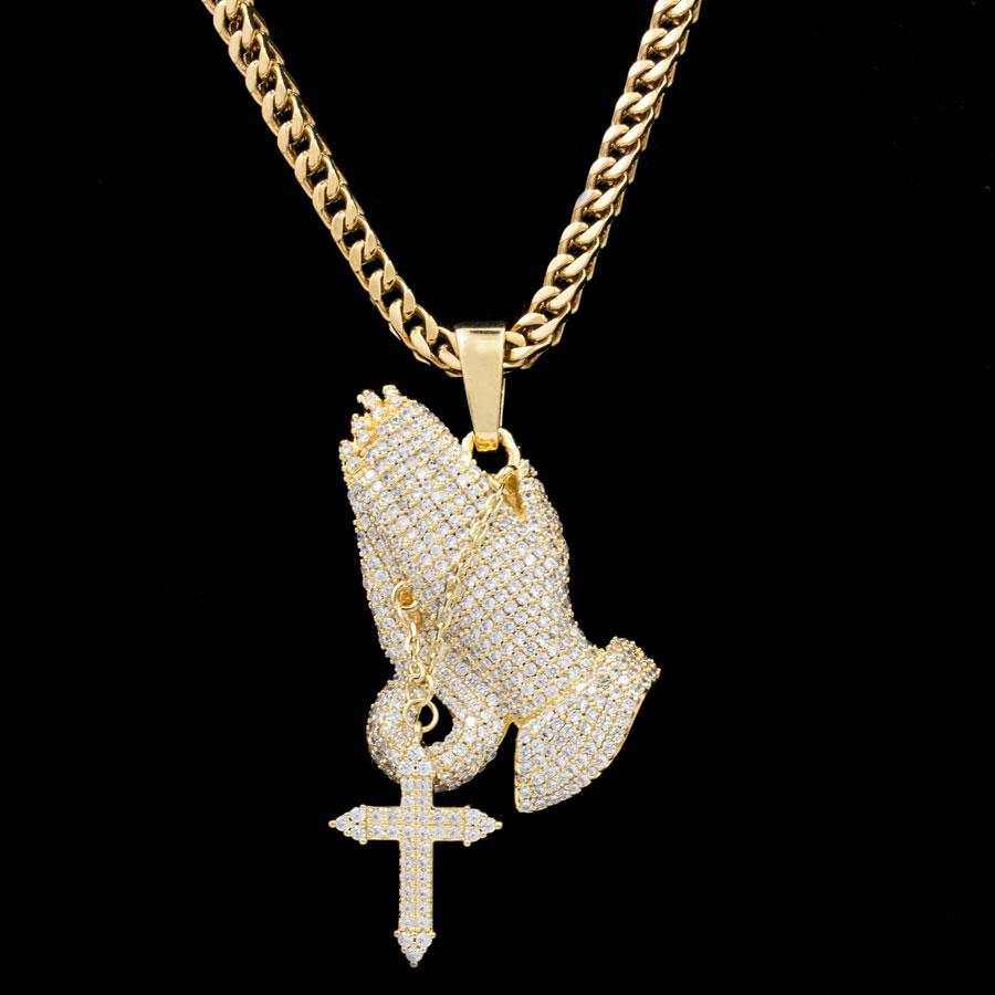 Iced Praying Hands with Cross Pendant in Yellow Gold