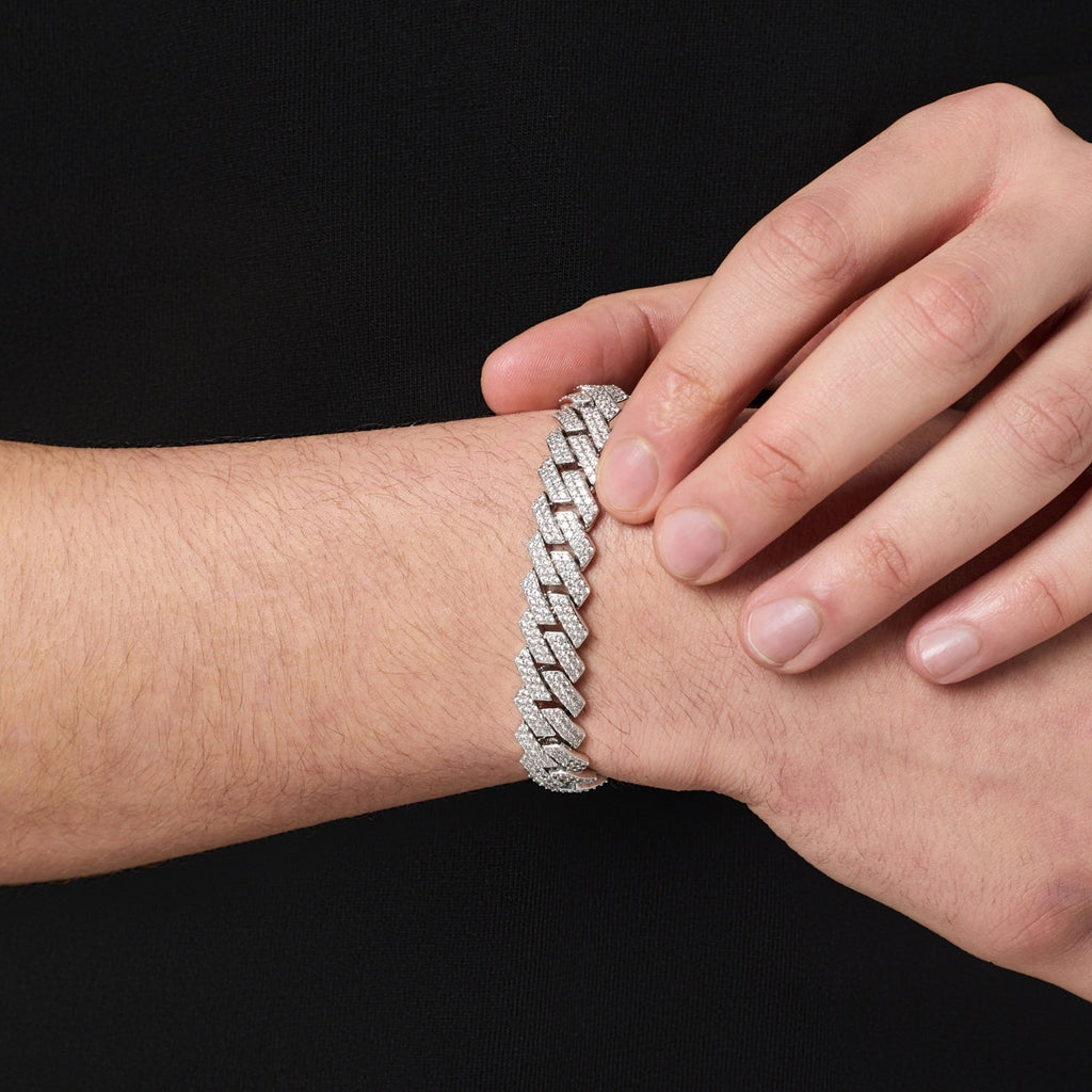 Prong Link Iced Cuban Bracelet (Silver) 12mm