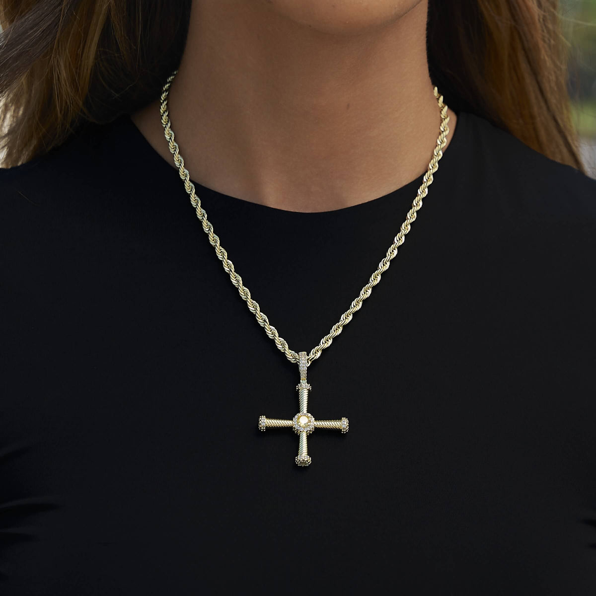 Iced Square Cross Pendant in Yellow Gold