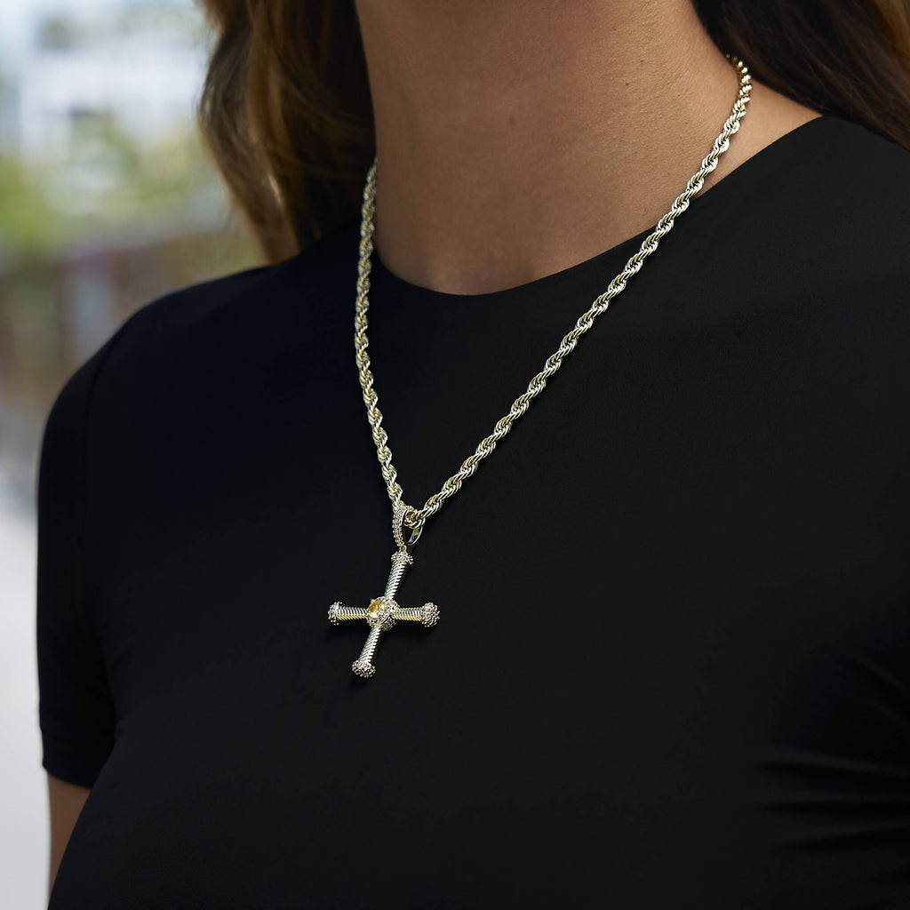 Iced Square Cross Pendant in Yellow Gold