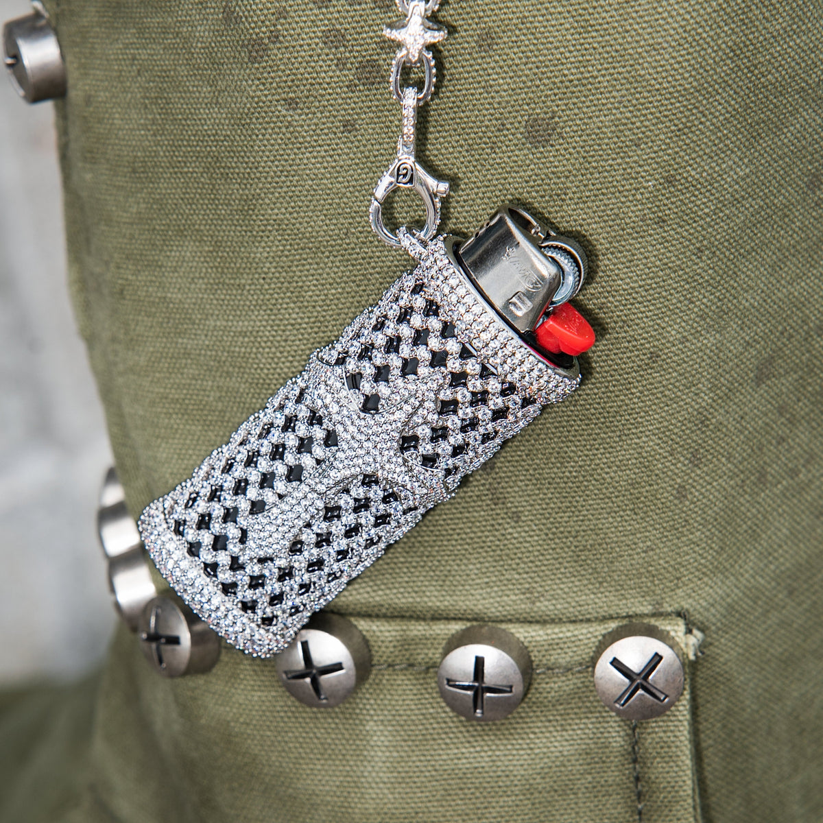 Iced Cross Lighter Case Accessory in White Gold