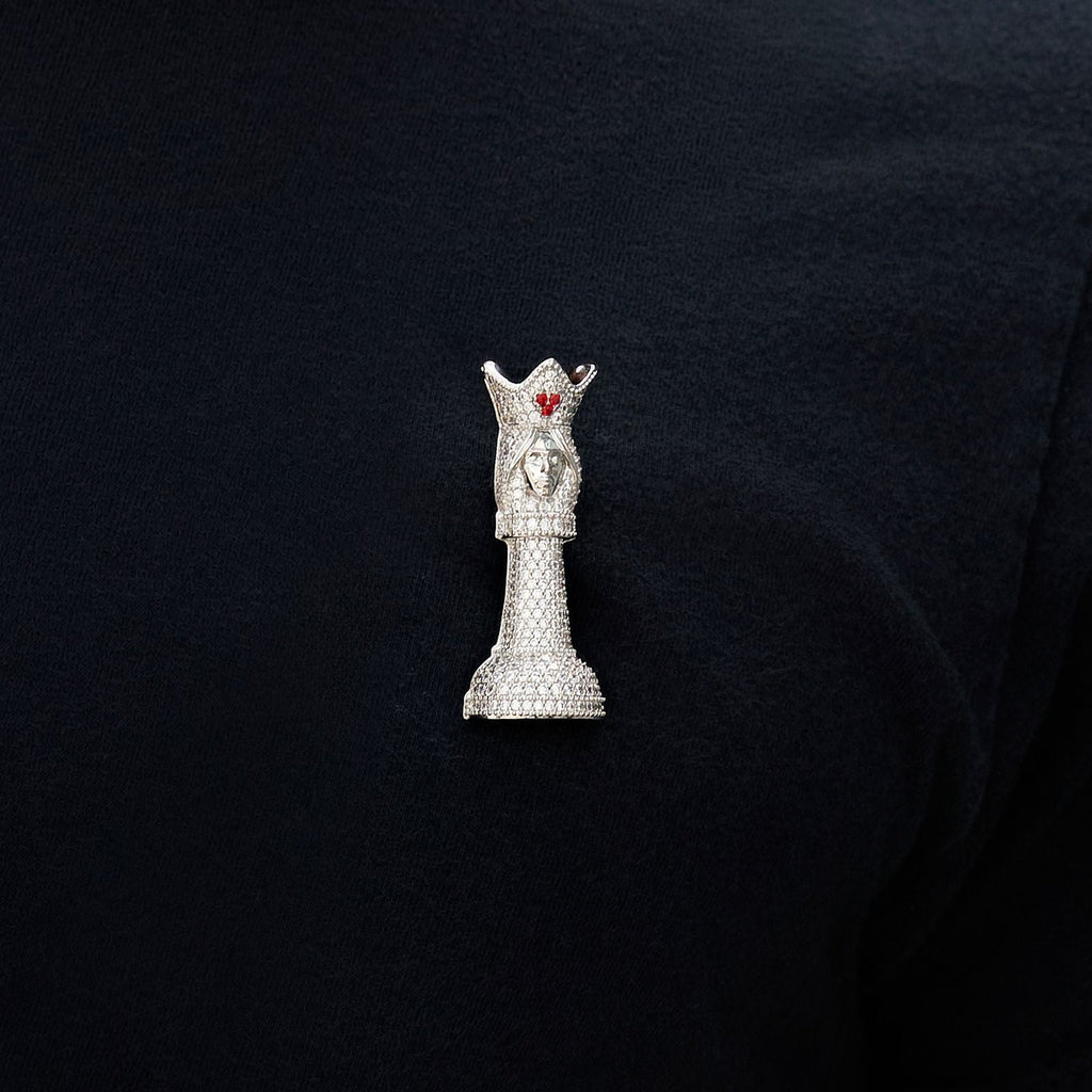 Iced Chess Queen Brooch in White Gold