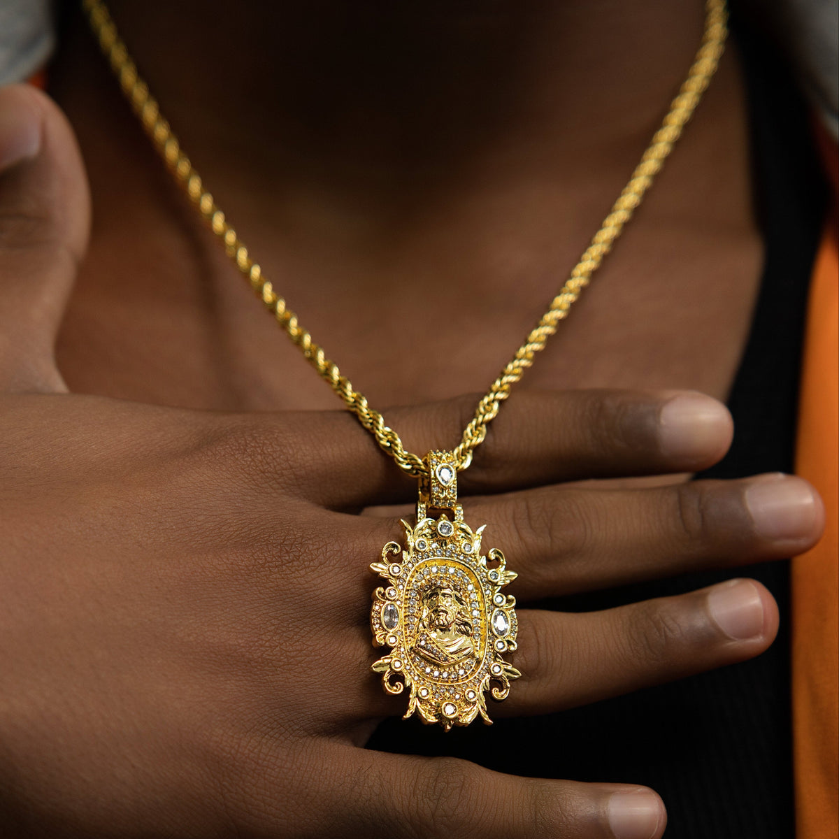 Iced Medieval Jesus Pendant in Yellow Gold