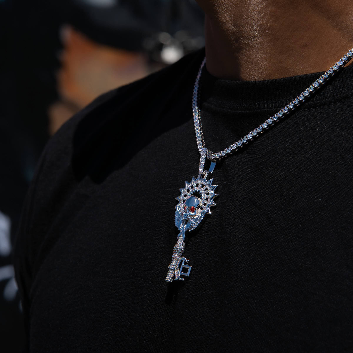 Large Iced Skull Key Pendant in White Gold