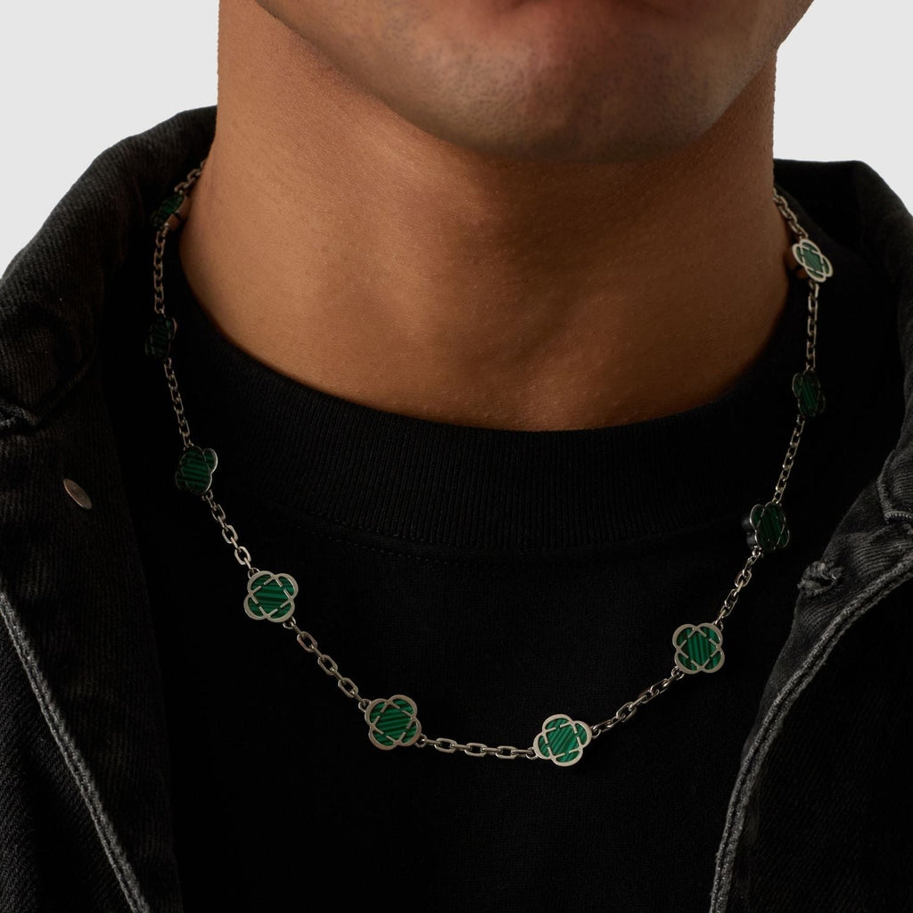 Malachite Clover Stone Necklace (Silver)