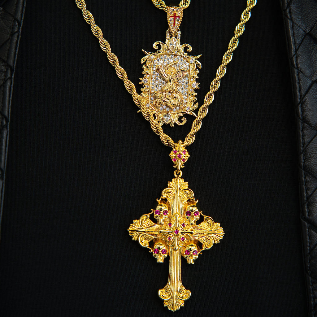 Medieval Cross Ruby Stones Pendant in Yellow Gold