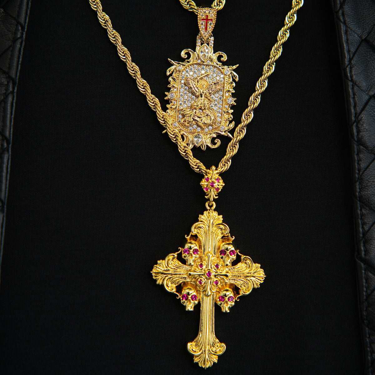 Medieval Cross Ruby Stones Pendant in Yellow Gold