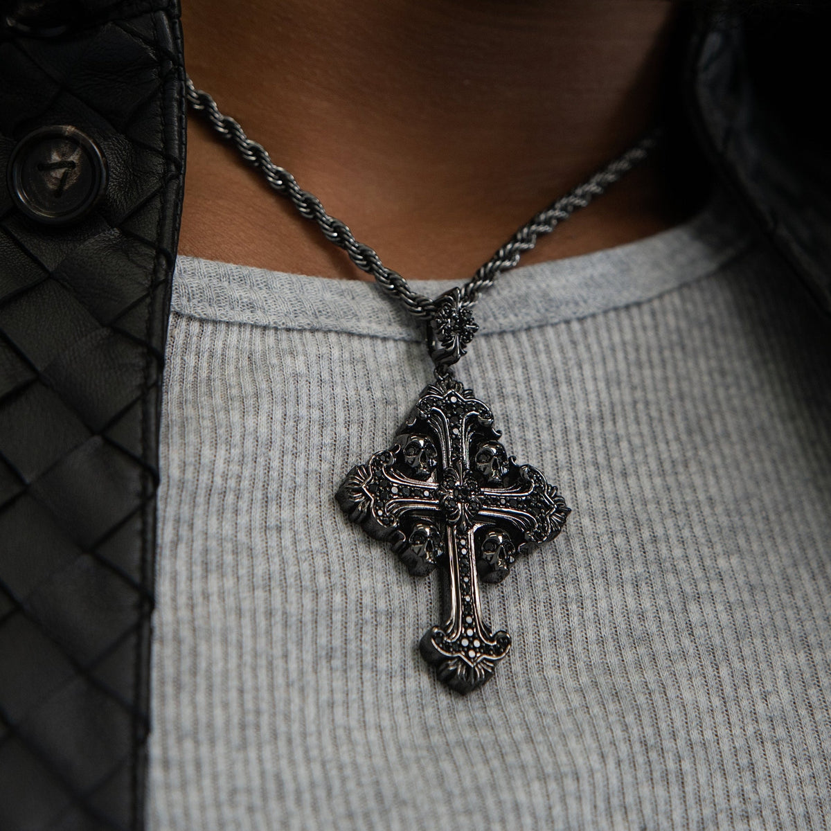 Medieval Cross Black Stones Pendant in Black