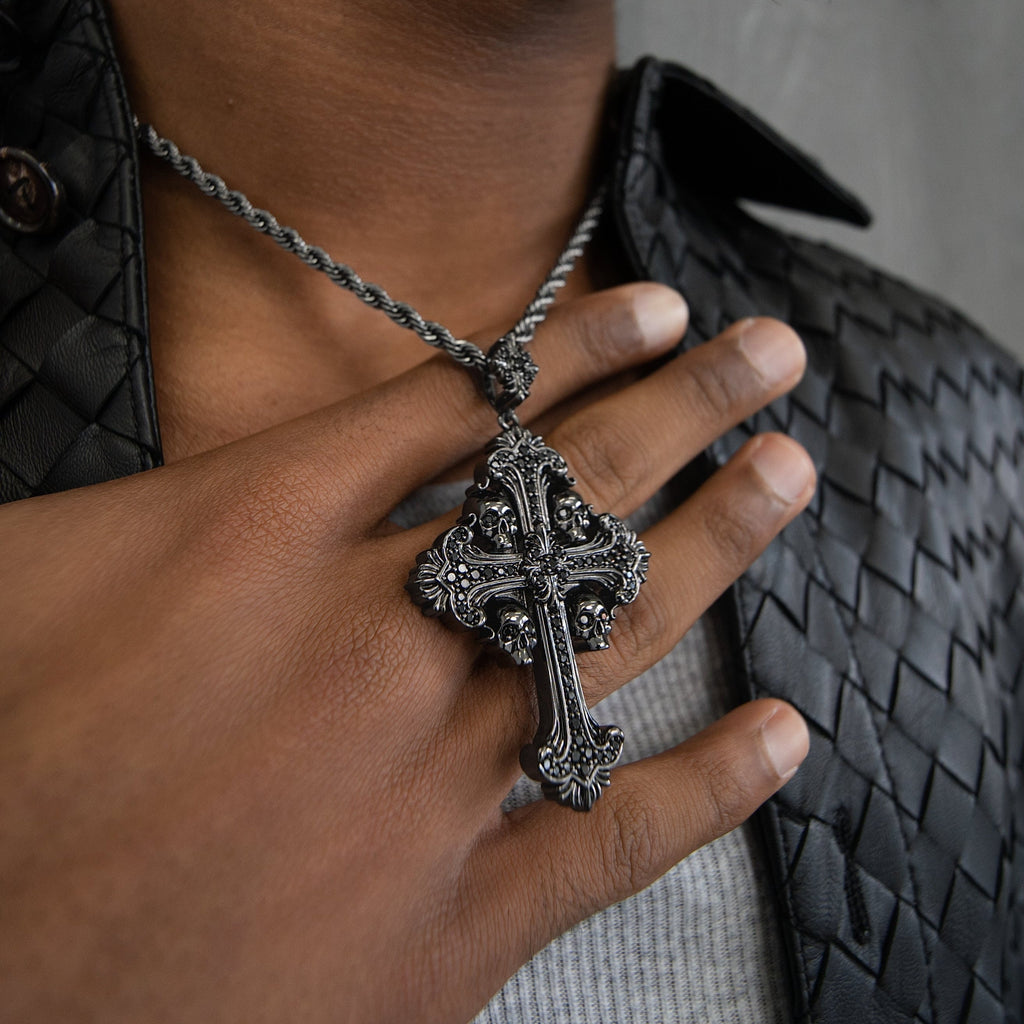 Medieval Cross Black Stones Pendant + 4mm Rope Chain in Black