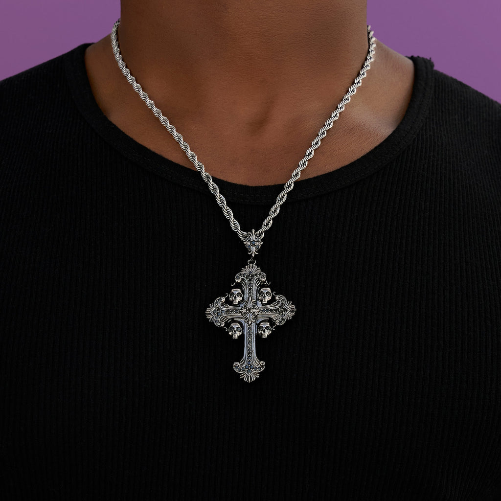 Medieval Cross Black Stones Pendant + 4mm Rope Chain in Black
