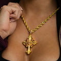 Medieval Cross Ruby Stones Pendant + 4mm Rope Chain in Yellow Gold
