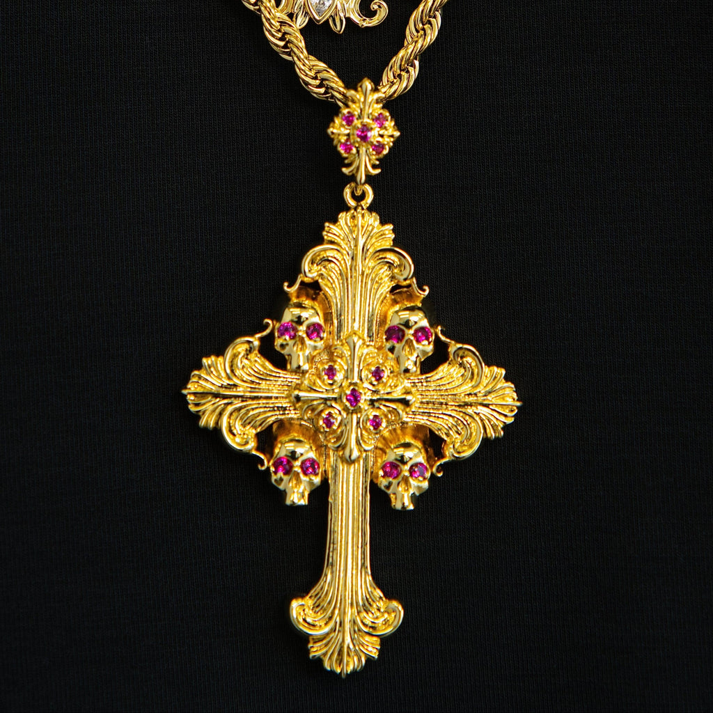 Medieval Cross Ruby Stones Pendant in Yellow Gold