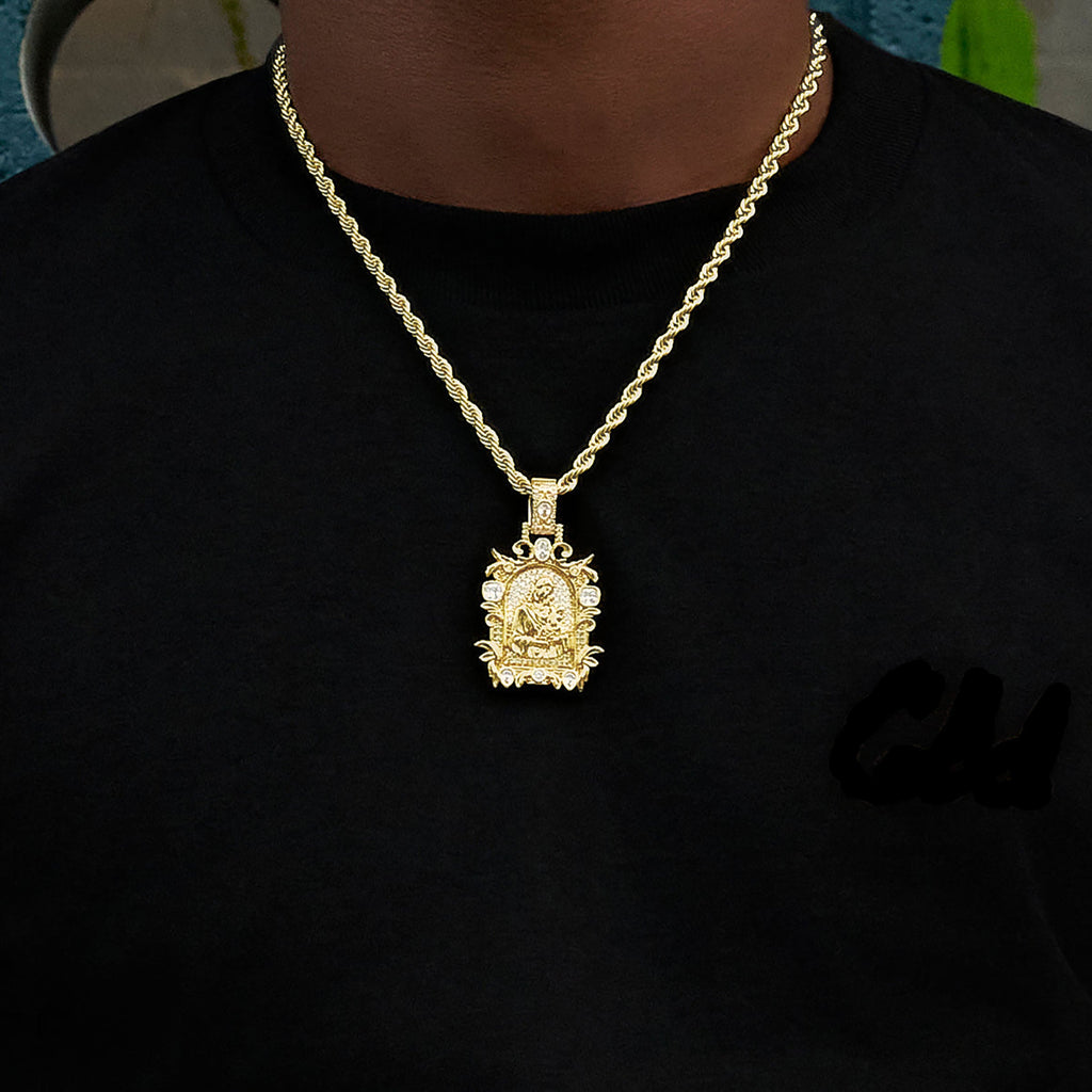Iced Medieval Madonna and Child Pendant in Yellow Gold