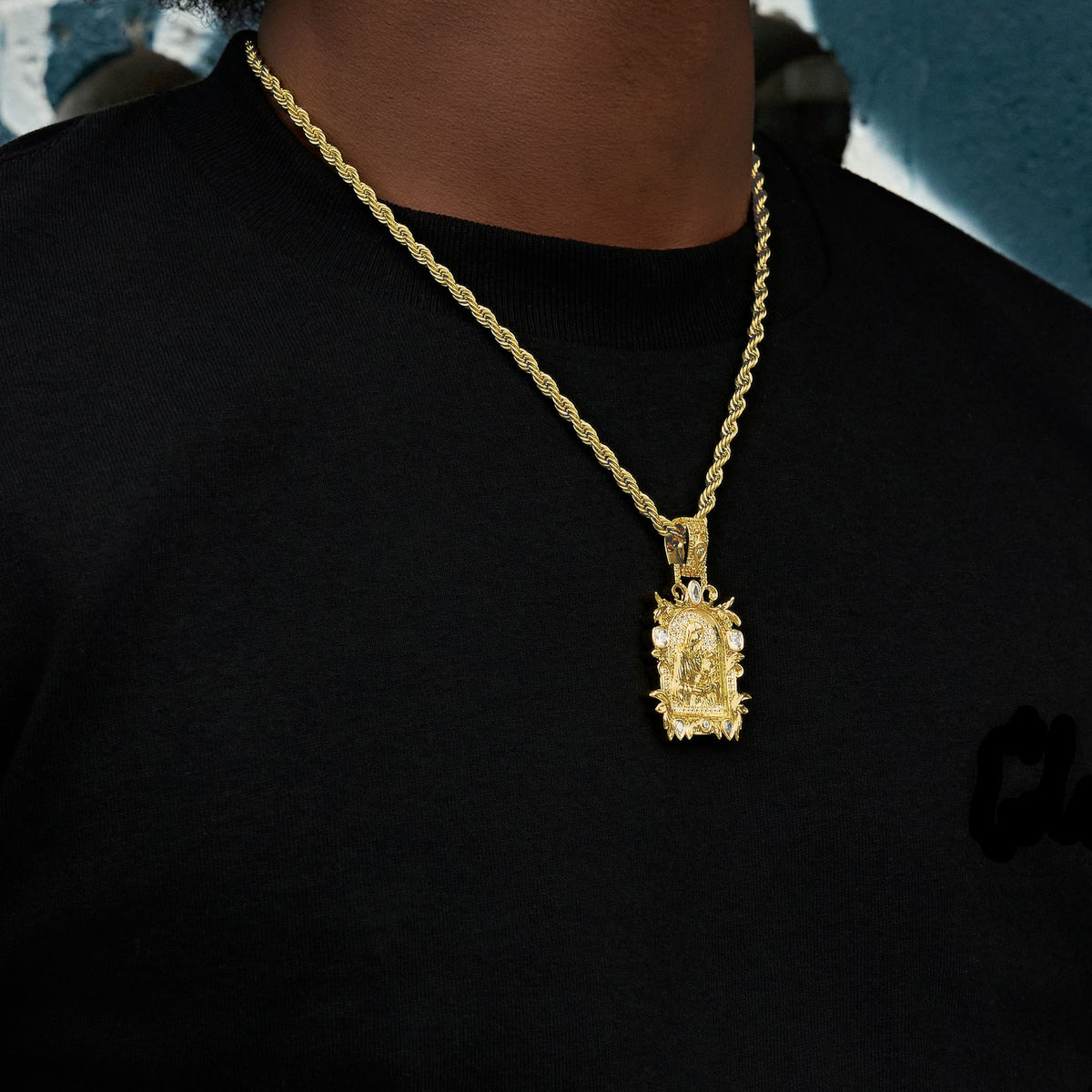 Iced Medieval Madonna and Child Pendant in Yellow Gold