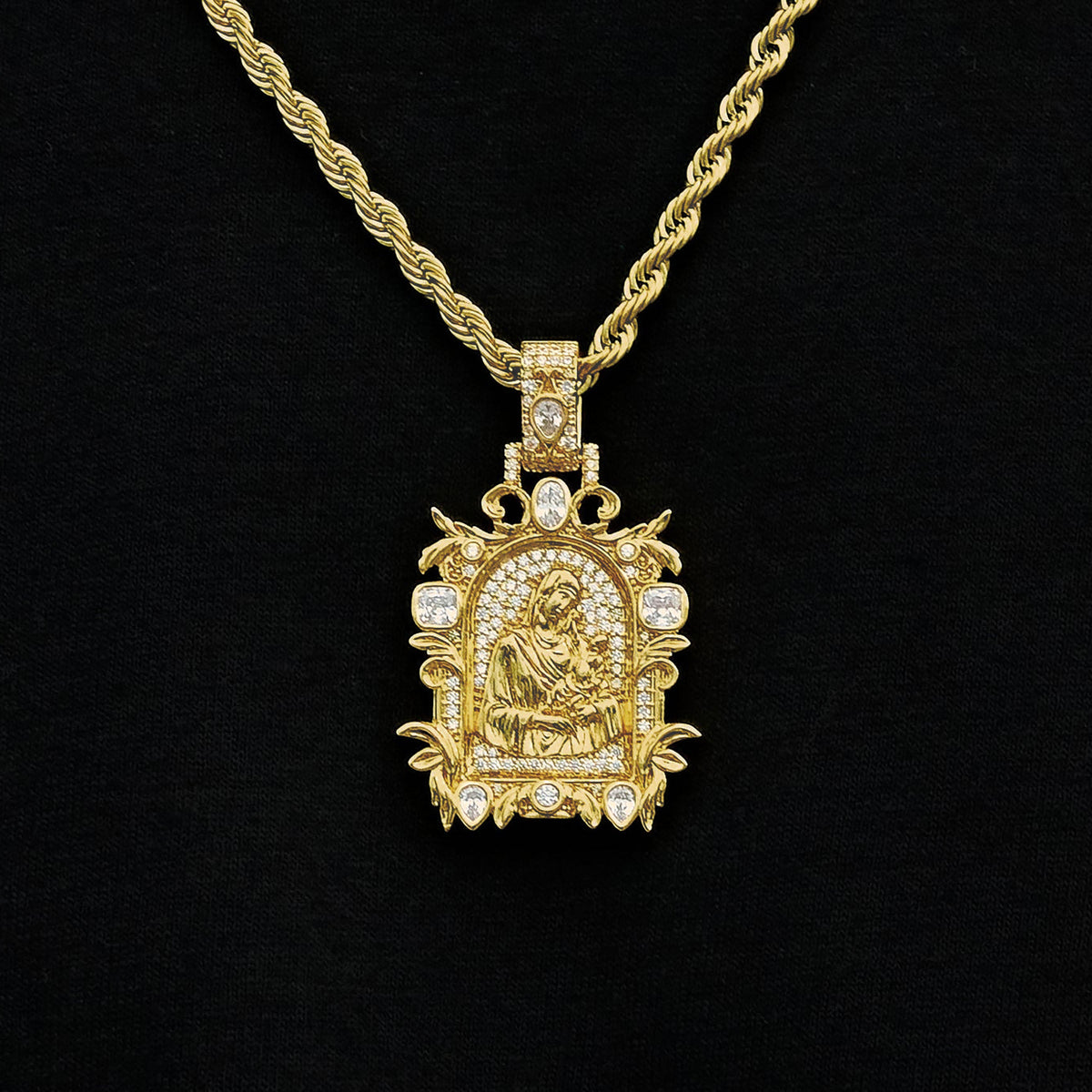Iced Medieval Madonna and Child Pendant in Yellow Gold