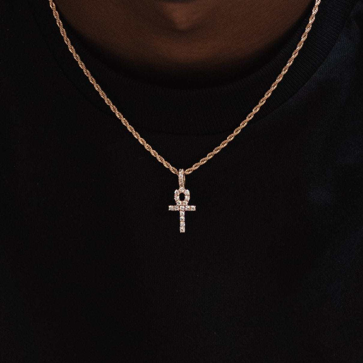 Micro Iced Ankh Cross Pendant in Yellow Gold